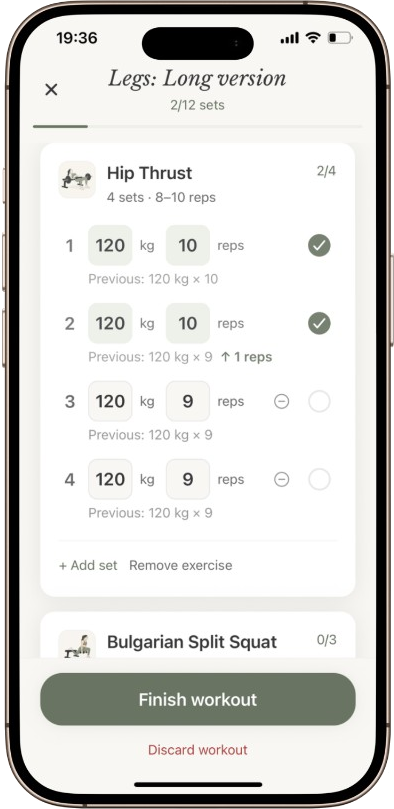 Logging sets in an active Evoted workout